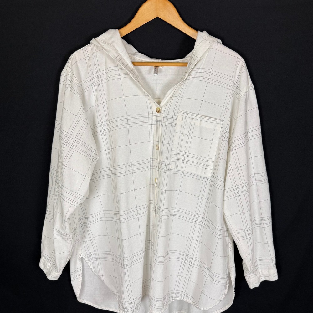 Kleen White Linen Cotton Windowpane Plaid Hooded Henley Tunic Shirt Size M